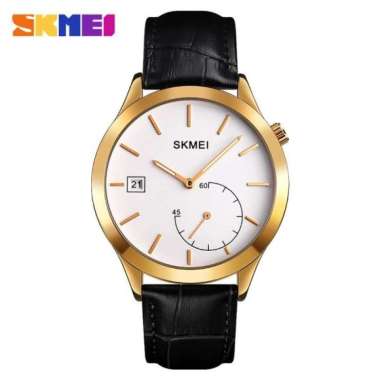 SKMEI 1581 Original Jam Tangan Pria Analog Kulit Fashion Casual Tahan GOLD BLACK