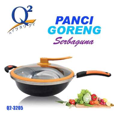 Panci Wajan Goreng Enamel Wok Pan Penggorengan Anti Lengket 32 CM Tutup Kaca GSF Q2 3205