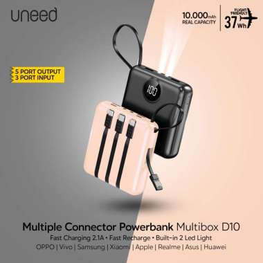 UNEED Powerbank 10000mAh Built in Cable Fast Charging 2.1A - UPB234 Black