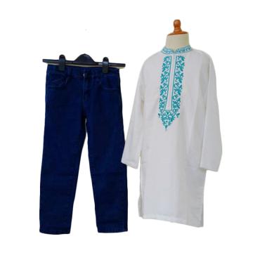 GBS Sens.Koko Embordiery Jeans Setelan Pakaian Koko Anak - White Blue