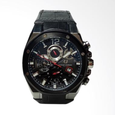 Charles Jourdan Dual Time Silver Black Stainless Steel Leather Jam Tangan Pria - Black CJ1014-1345C 