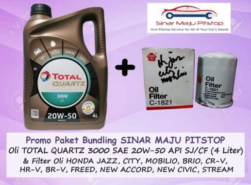 Paket Bundling Oli TOTAL QUARTZ 3000 SAE 20W-50 API SJ/CF Original 4 Liter & Filter Oli Mobil HONDA