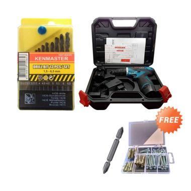 MODERN Mesin Bor Cordless M-12V + Mata Bor Besi Set Kenmaster + Free Mata