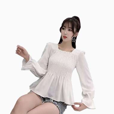 Blus Plisket lengan panjang wanita Gaya Korea model terbaru - Jfashion Tyas M Putih
