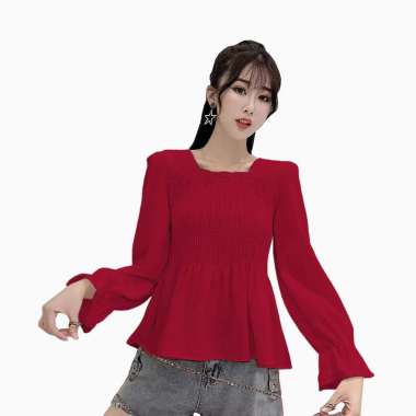 Blus Plisket lengan panjang wanita Gaya Korea model terbaru - Jfashion Tyas M Merah
