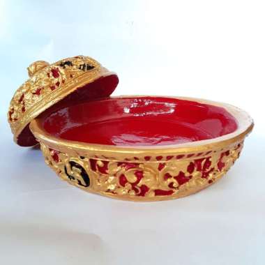 Wadah bokor ukir fiber bali diameter 30cm 1 set tatakan tutup Kuning