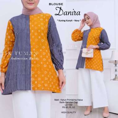 BLOUSE DANIRA Atasan Batik Wanita Warna Kuning Kunyit Mix Navy Blus Batik Blouse Batik Seragam Batik