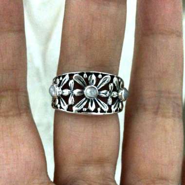 Cincin Ring Perak Silver Bali Asli 925 Ukir Bunga Lawang 3 Tiga Batu Natural Elegan Custom Moonstone