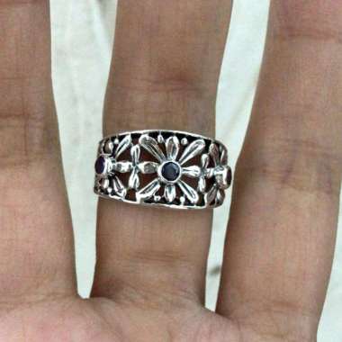 Cincin Ring Perak Silver Bali Asli 925 Ukir Bunga Lawang 3 Tiga Batu Natural Elegan Custom Black Onyx