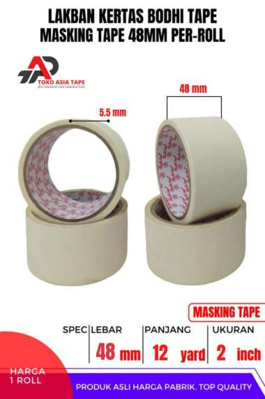 MASKING TAPE / LAKBAN KERTAS 48MM X 12YARD BODHI TAPE PER-ROLL PUTIH
