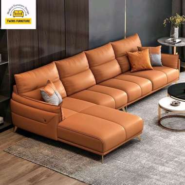 sofa kulit letter L modern hight quality kursi kayu jati bergaransi