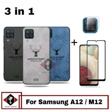 Case Deer Samsung A12 / M12 Tempered Glass Layar Bonus Camera Biru - Samsung A12