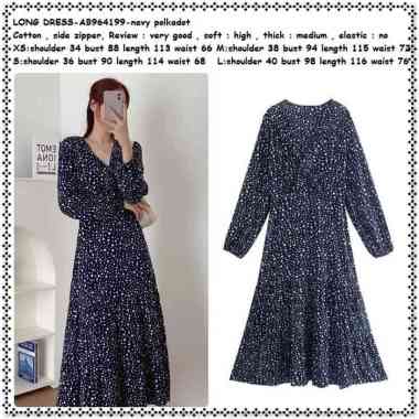 AB964199 Long Dress Midi Polkadot Lengan Panjang Wanita Korea Import