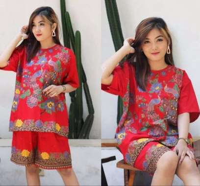 Snoebel JKR RED BRIGHT Daster Batik JUMBO Setelan Batik Anak Remaja Homedress XXL PEACOCK FLOWER