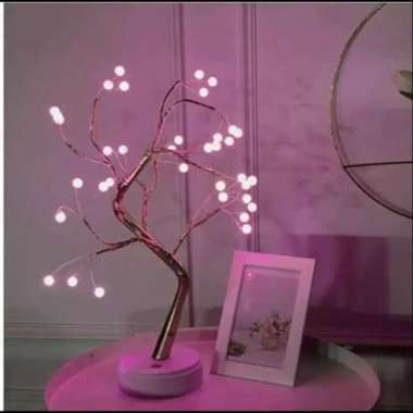 Lampu Tidur Model Pohon Ranting 36 Led Bahan Kawat Dekorasi Malam Bulat Pink