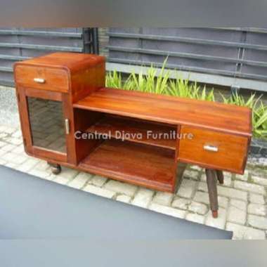 Buffet Nakas Bufet Meja TV Retro Kaca Laci Kayu Jati Furniture Jepara Coklat