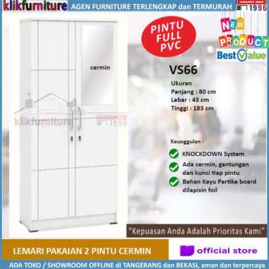 VS66 Lemari Pakaian Minimalis Putih 2 Pintu Cermin 2 PINTU PUTIH