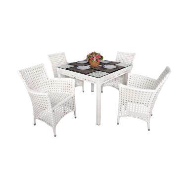 Pine Rotan Rotan Truntum Set Meja Makan - Putih