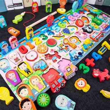 ONE-M94 PART 2 Mainan Edukasi 7in1 Puzzle Kayu Anak Huruf dan Angka Pancing Ikan Montessori Wooden T