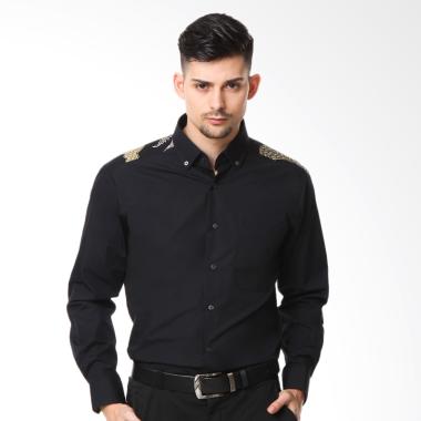 Alisan Polos Kombinasi Corak Panjang Kemeja Atasan Pria - Hitam