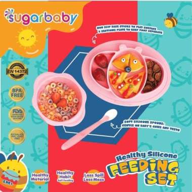 Sugar Baby 3in1 Healthy Silicone Feeding Set Peralatan Makan Bayi - BLUE PINK