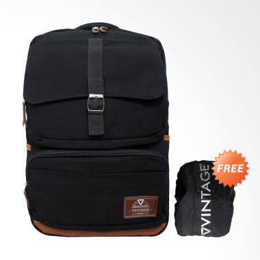 Vintage 004 Backpack Tas Punggung Pria - Black + Free Rain Cover