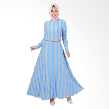 Jfashion Khanza Maxi Corak Salur Long Dress Gamis Wanita - Biru