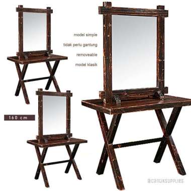 VINTAGE . CERMIN MAKEUP KACA RIAS DUDUKAN KAYU