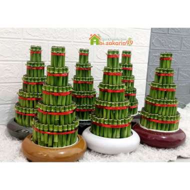 PAJANGAN /HIASAN MEJA KANTOR/KERJA/RUMAH BAMBU HOKI 30 CM, 5 TINGKAT + POT KERAMIK CEPER CANTIK