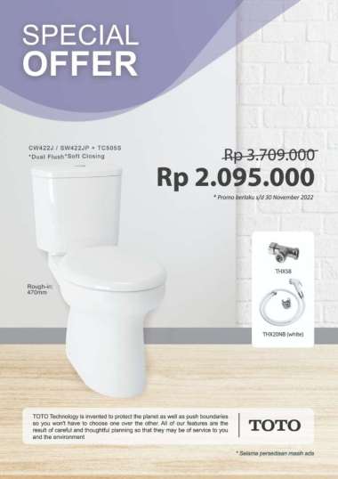 Closet duduk TOTO CW422 + jet shower THX20 putih
