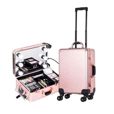 Sonia Miller Cabin Size Messy Line Rose Gold Beauty Makeup Case With 6 Tri-Color Led Light Bulbs