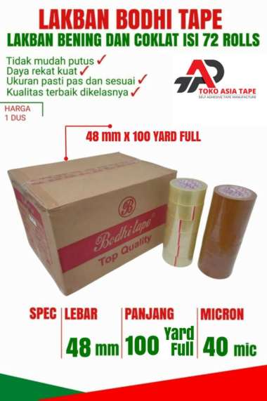 LAKBAN BENING COKLAT MERK BODHI TAPE 48MM X 100YARD FULL 1 DUS 72 ROLL TERMURAH BENING