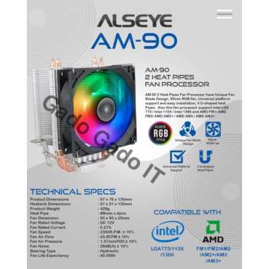 Kipas Heatsink Fan Processor ALSEYE AM-90 TOWER CPU COOLER 2 Heatpipe