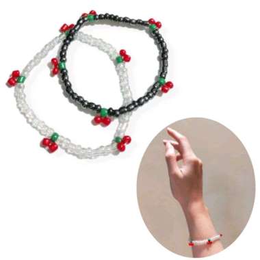 Gelang Cherry Beads Bohemian Bracelet Mote Buah Cherry Elastis Boho Style Black