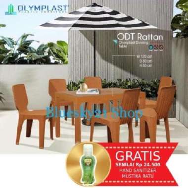 PAKET MEJA MAKAN PANJANG + 4 KURSI SENDER PLASTIK ROTAN OLYMPLAST/ ODT