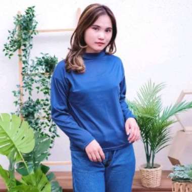 Turtle Neck Lengan Panjang Kaos Wanita Turtle Neck Kaos Longsleeve Navy