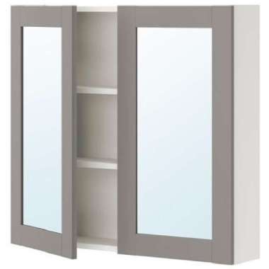 Rak Lemari Kaca Cermin Dinding Kamar Mandi 2 Pintu 80x17x75cm_PutihAbu