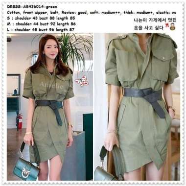 Belt Mini Dress Kemeja Army Green Hijau Wanita Korea Import AB436014