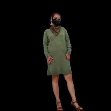 Dress Rajut Lengan Panjang Hijau Olive PAstel Terusan Midi Gaun Gesyal