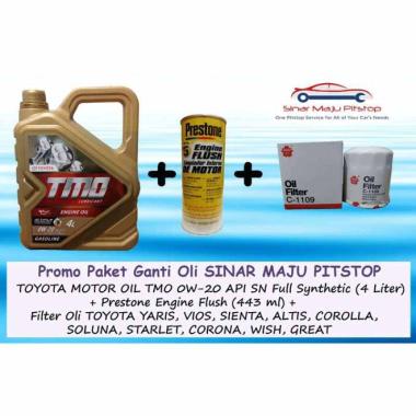Paket Ganti Oli TOYOTA MOTOR OIL TMO 0W-20 API SN 4 Liter & Prestone Engine Flush & Filter Oli Mobil