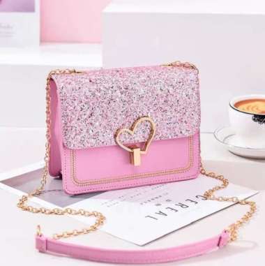 Tas Cewek Import Tali Rantai Warna Emas Buckle Love SH30 Pink
