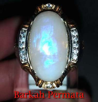 Cincin Batu Natural moonstone Biduri laut cahaya biru Asli n 1792 putih dengan bias biru