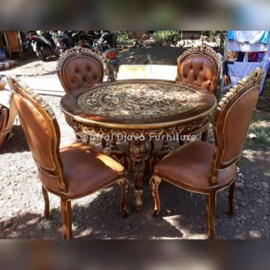 Kursi & Meja Makan Ganesha Oval Ukir Kayu Jati Kursi 4 Ukiran Jepara -- Coklat