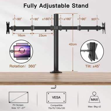 Triple W Double Stand Bracket Monitor Dual Mount Desk Breket LCD LED Hitam