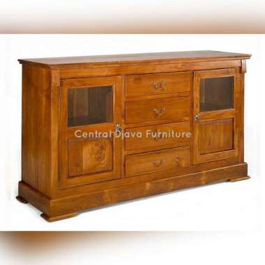 Buffet Nakas Bufet Meja TV Minimalis Kaca Kayu Jati Furniture Jepara Coklat