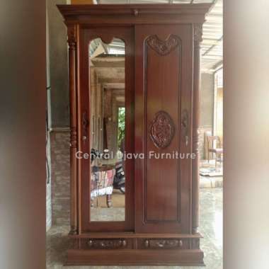 Lemari Pakaian Peluru Sliding Kaca 2 Pintu Ukir Kayu Jati Almari Geser -- Multicolor