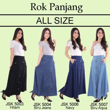 Rok Panjang Wanita Kancing 5 Rok Jeans Rok Pinggang Karet ALL SIZE JSK JEANS Semua Ukuran HITAM 5003