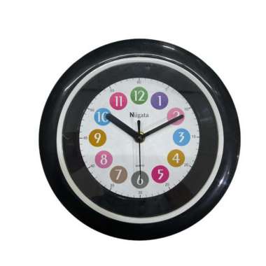 Jam Dinding Niigata Bulat Tulisan Angka Rainbow / Hitam Diameter 22 Cm + Baterai Putih