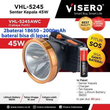 Senter kepala 45w cahaya putih VISERO VHL-5245 45w 2baterai lepas18650 hitam