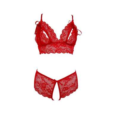 B229 - Bikini Bra Set Merah Transparan Cup Openable Crotchless